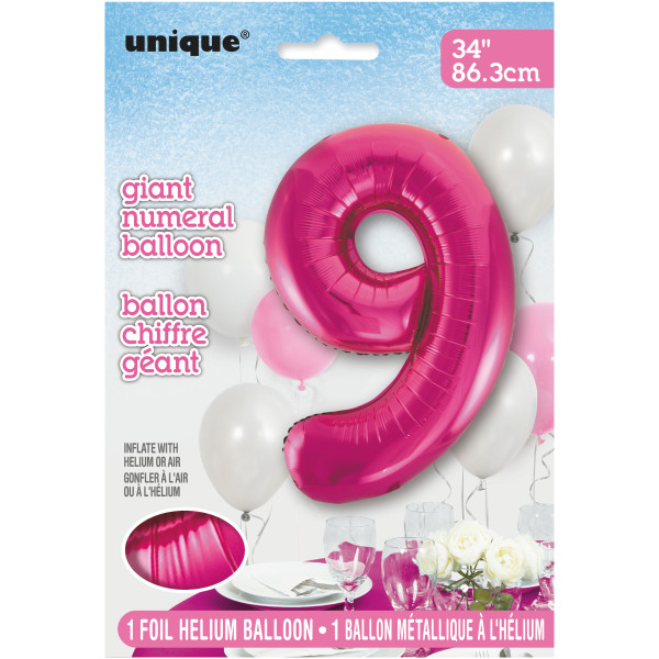 34" Pink Number 9 Shaped Foil Balloon (Non Inflated)