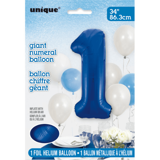 34" Blue Number 1 Shaped Foil Balloon (Non Inflated)