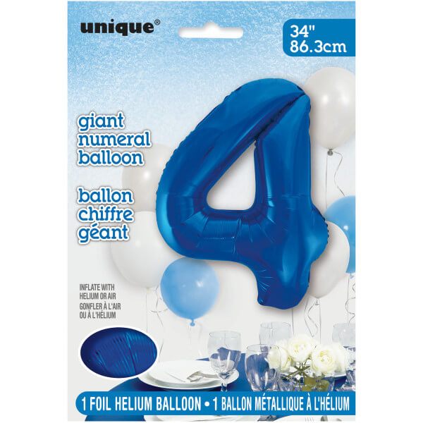 34" Blue Number 4 Shaped Foil Balloon (Non Inflated)
