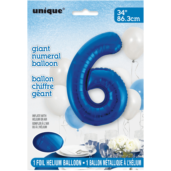 34" Blue Number 6 Shaped Foil Balloon (Non Inflated)