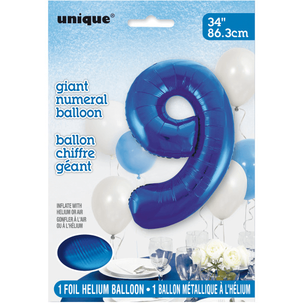 34" Blue Number 9 Shaped Foil Balloon (Non Inflated)