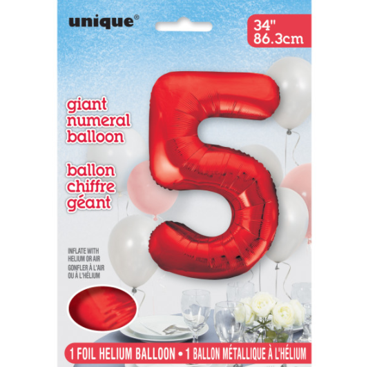 Red Number 5 Shaped Foil Balloon (34"")