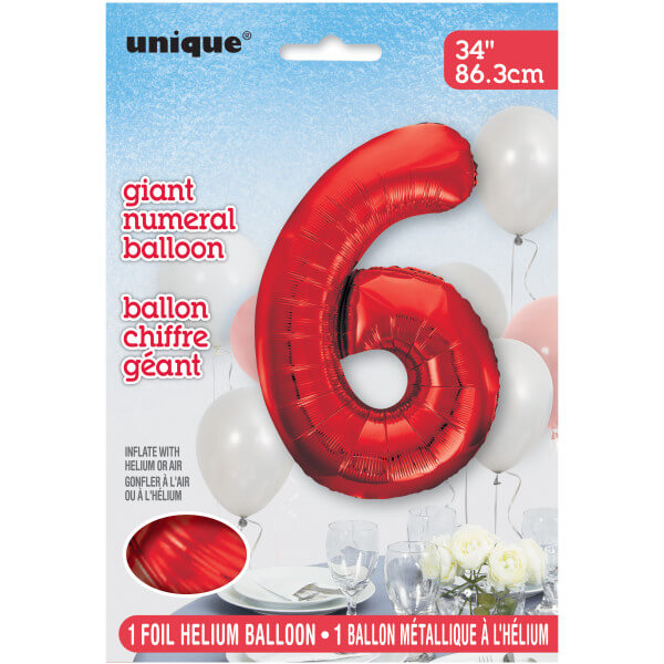 Red Number 6 Shaped Foil Balloon (34"" )