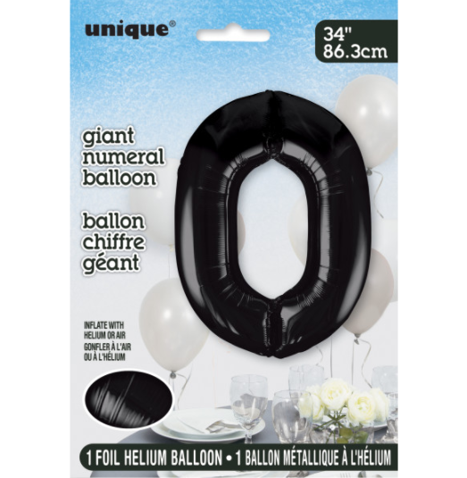 34" Black Number 0 Shaped Foil Balloon (Non Inflated)