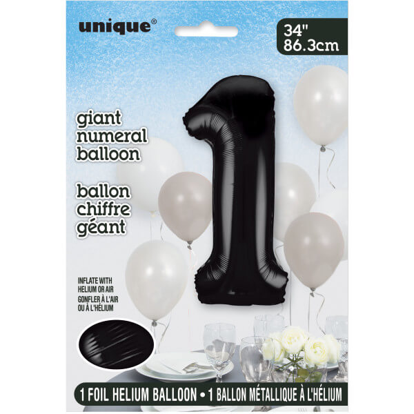 34" Black Number 1 Shaped Foil Balloon (Non Inflated)