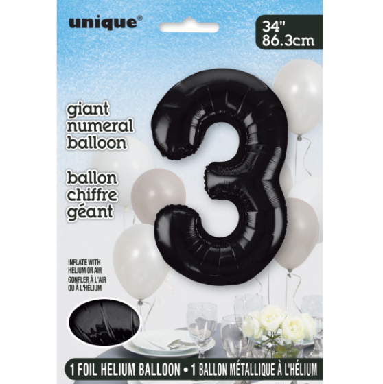 34" Black Number 3 Shaped Foil Balloon (Non Inflated)
