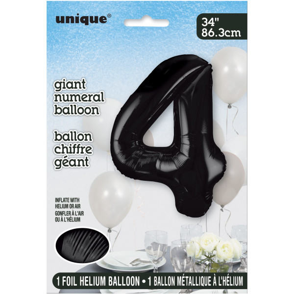 34" Black Number 4 Shaped Foil Balloon (Non Inflated)