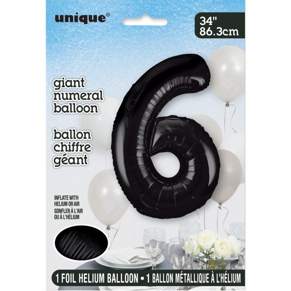 34" Black Number 6 Shaped Foil Balloon (Non Inflated)