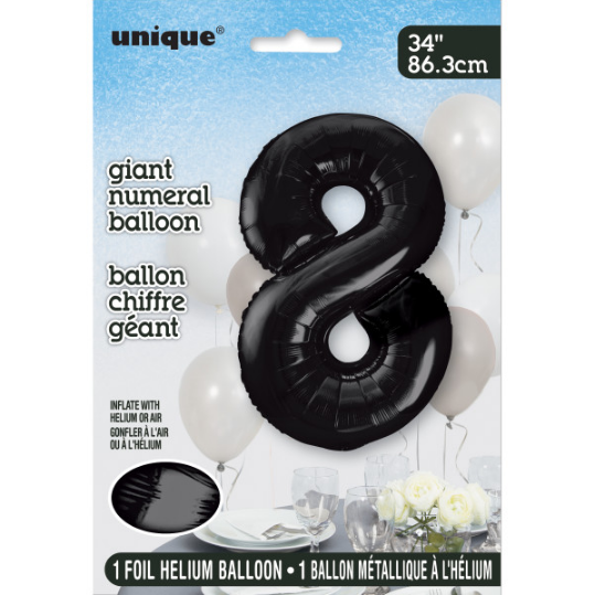 34" Black Number 8 Shaped Foil Balloon (Non Inflated)