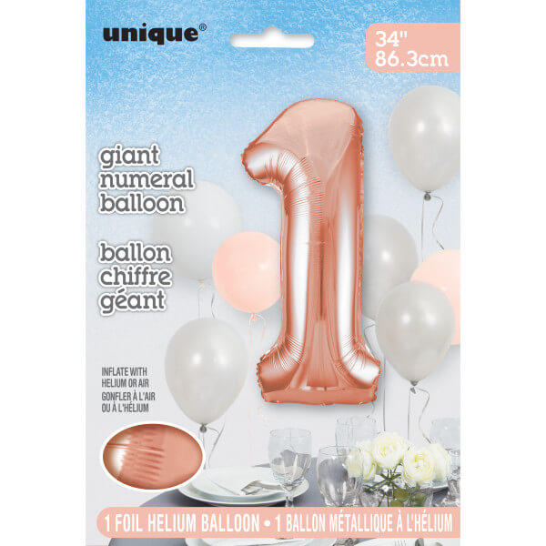 34" Rose Gold Number 1 Shaped Foil Balloon (Non Inflated)