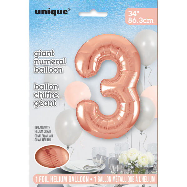 34" Rose Gold Number 3 Shaped Foil Balloon (Non Inflated)