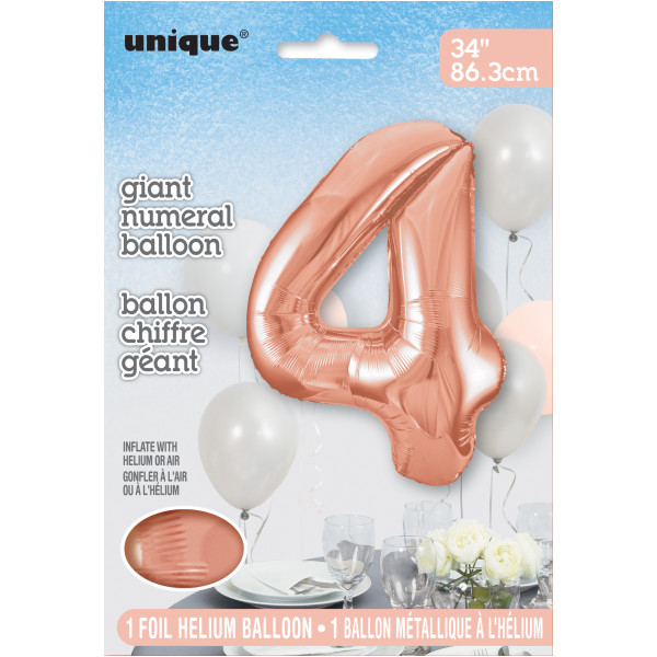 34" Rose Gold Number 4 Shaped Foil Balloon (Non Inflated)