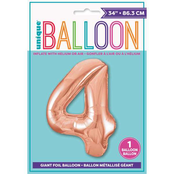 34" Rose Gold Number 4 Shaped Foil Balloon (Non Inflated)