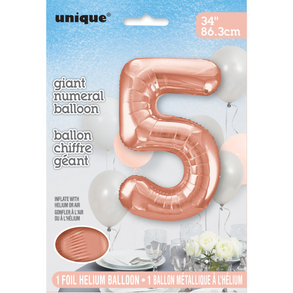 34" Rose Gold Number 5 Shaped Foil Balloon (Non Inflated)