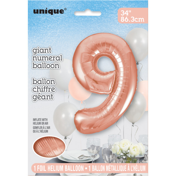 34" Rose Gold Number 9 Shaped Foil Balloon (Non Inflated)