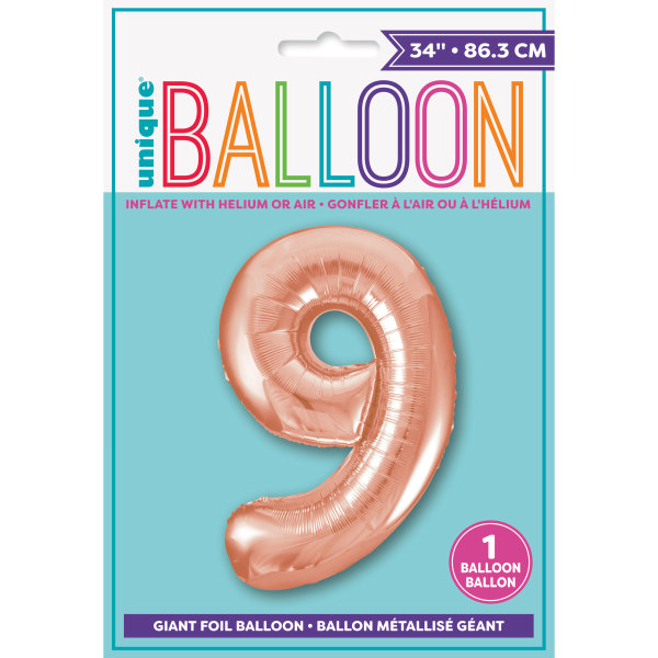 34" Rose Gold Number 9 Shaped Foil Balloon (Non Inflated)