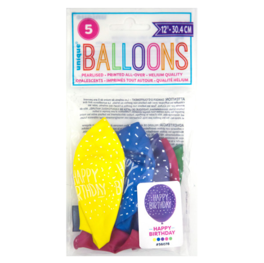 Happy Birthday 12" Latex Balloons - Assorted (5 Pack)