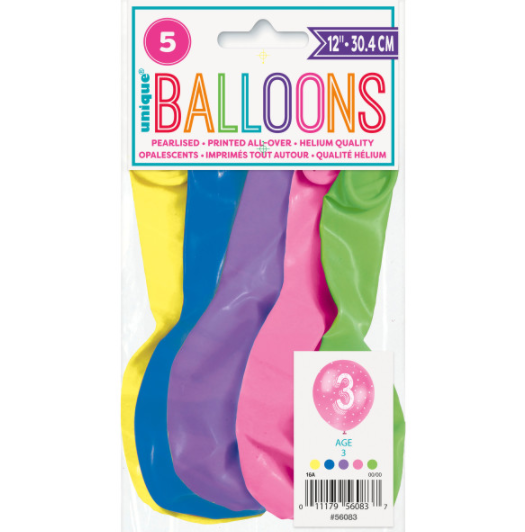 12" Number 3 Latex Balloons ( 5 Pack)