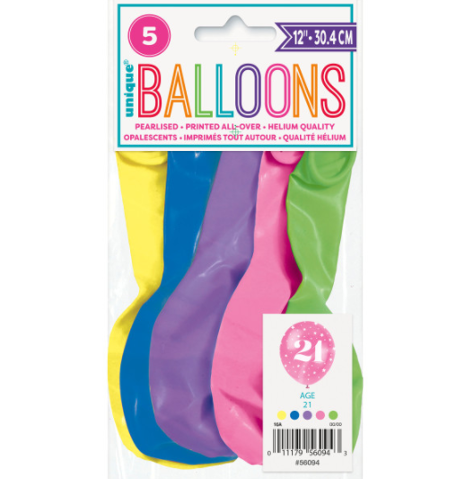 12" Number 21 Latex Balloons (5 Pack)