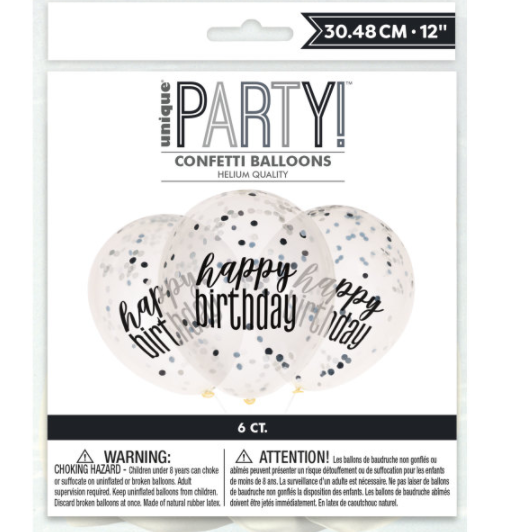 12" Clear Printed Glitz "Happy Birthday" Balloons with Confetti, Black & Silver (6 Pack)