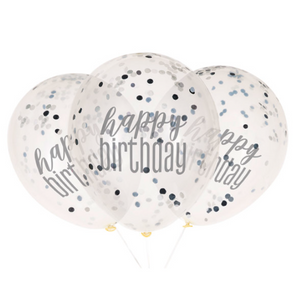 12" Clear Printed Glitz "Happy Birthday" Balloons with Confetti, Black & Silver (6 Pack)