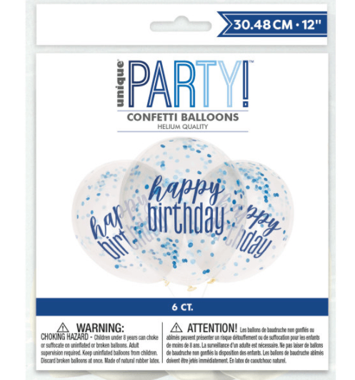 12" Clear Printed Glitz "Happy Birthday" Balloons with Confetti, Blue & Silver (6 Pack)