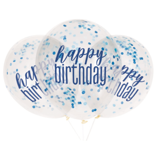 12" Clear Printed Glitz "Happy Birthday" Balloons with Confetti, Blue & Silver (6 Pack)