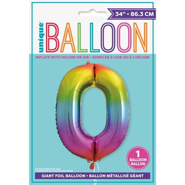 Rainbow Number 0 Shaped Foil Balloon (34"")