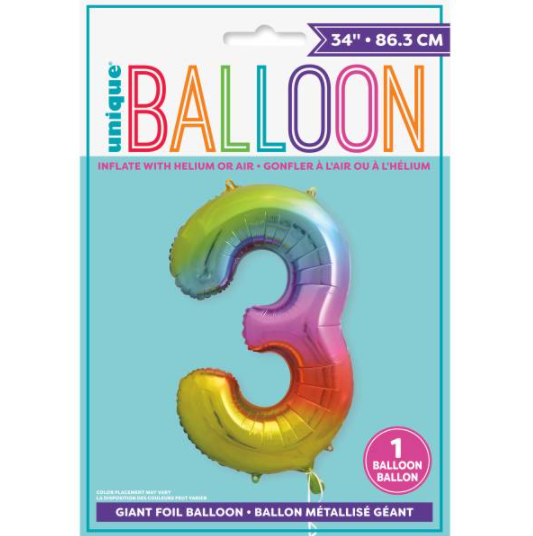 Rainbow Number 3 Shaped Foil Balloon 34"" Packaged