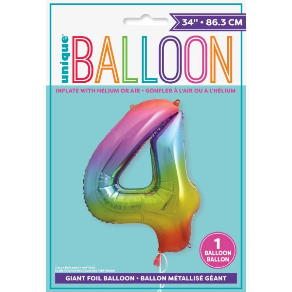 Rainbow Number 4 Shaped Foil Balloon (34"")