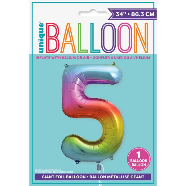 Rainbow Number 5 Shaped Foil Balloon (34"")