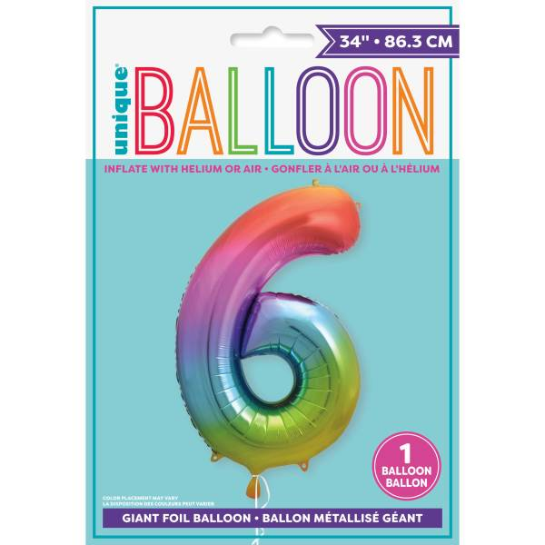 Rainbow Number 6 Shaped Foil Balloon (34"")
