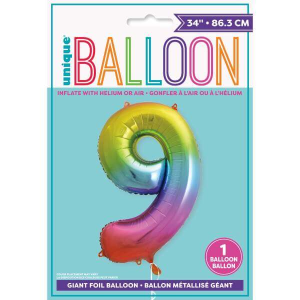 Rainbow Number 9 Shaped Foil Balloon (34"")