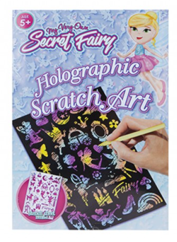 FAIRY HOLOGRAPHIC SCRATCH ART SET -2 CARDS, STENCIL & TOOL