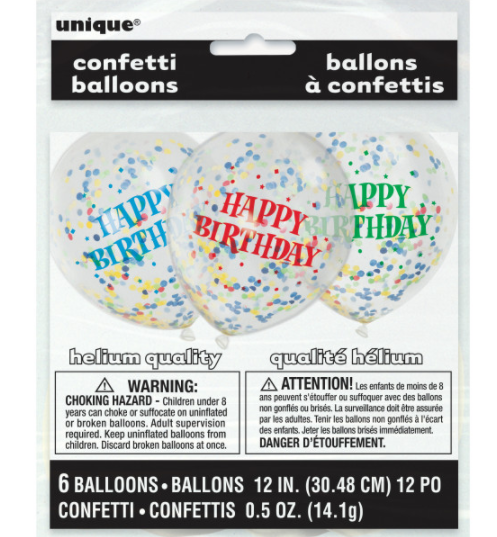 Birthday Clear Latex Balloons with Bright Confetti 12" (6 Pack)