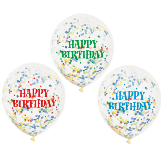 Birthday Clear Latex Balloons with Bright Confetti 12" (6 Pack)