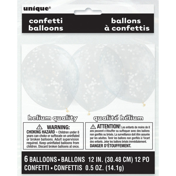 Clear Latex Balloons with White Confetti 12" (6 pack)