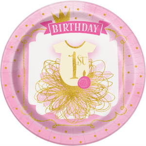 Pink & Gold First Birthday Round 9" Dinner Plates (8 Pack)