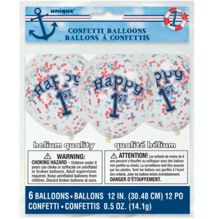 Little Sailor Nautical First Birthday Clear Latex Balloons with Confetti 12" (6 Pack)
