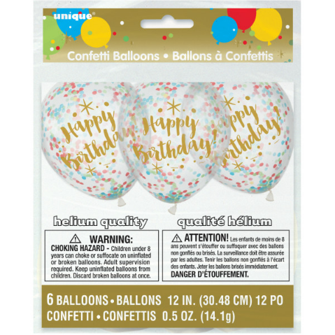 Glitzy Gold Birthday Clear 12" Latex Balloons with Confetti (6 Pack)