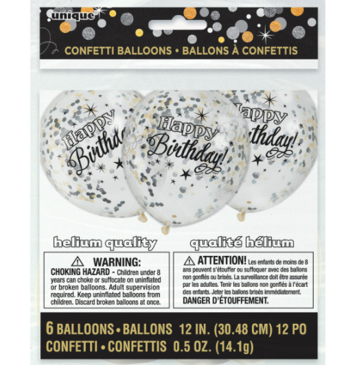 Glittering Birthday Clear Latex Balloons with Confetti 12" (6 Pack)
