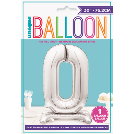 30" Silver Number 0 Shaped Standing Foil Balloon (Non inflated)