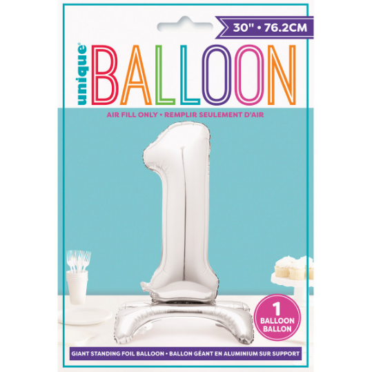 30" Silver Number 1 Shaped Standing Foil Balloon (Non inflated)