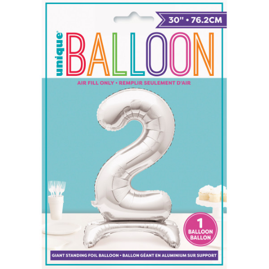 30" Silver Number 2 Shaped Standing Foil Balloon (Non inflated)