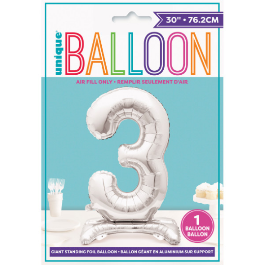 30" Silver Number 3 Shaped Standing Foil Balloon (Non inflated)