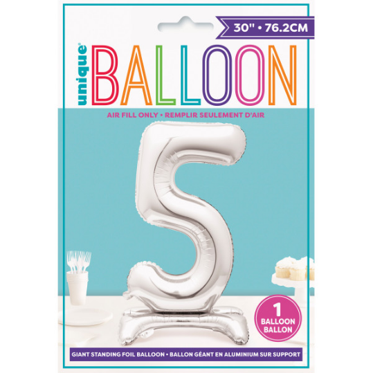 30" Silver Number 5 Shaped Standing Foil Balloon (Non inflated)