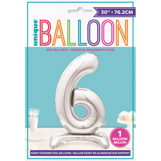 30" Silver Number 6 Shaped Standing Foil Balloon (Non inflated)