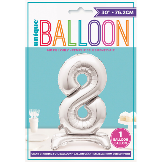 30" Silver Number 8 Shaped Standing Foil Balloon (Non inflated)