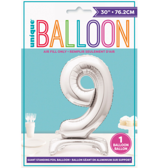 30" Silver Number 9 Shaped Standing Foil Balloon (Non inflated)