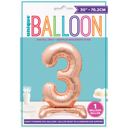 30" Rose Gold Number 3 Shaped Standing Foil Balloon (Non Inflated)